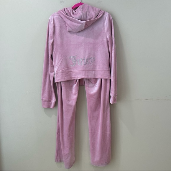 Juicy Couture Pink Velour Tracksuit Set Bling Rhinestone Logo Crewneck Joggers L - Picture 2 of 12